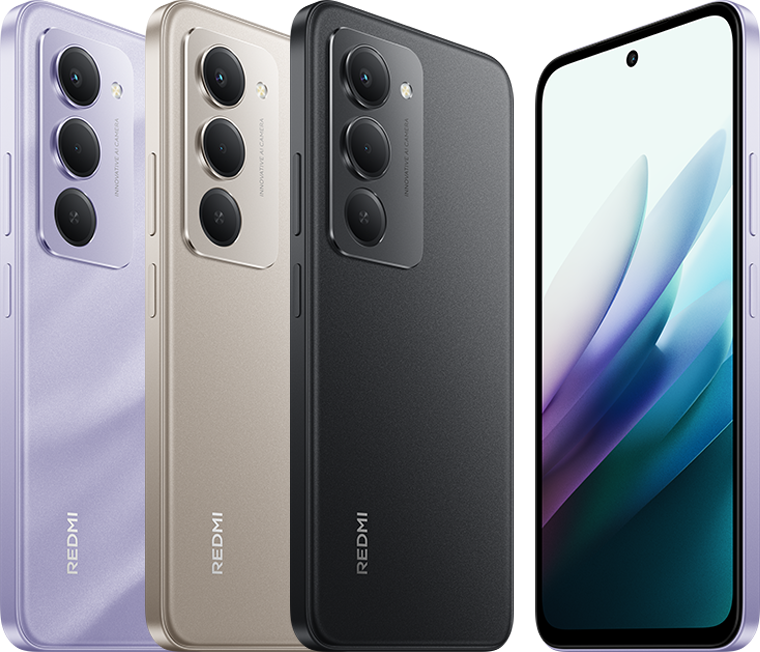 Trois smartphones Xiaomi de couleurs violet, doré et noir, affichant des écrans modernes