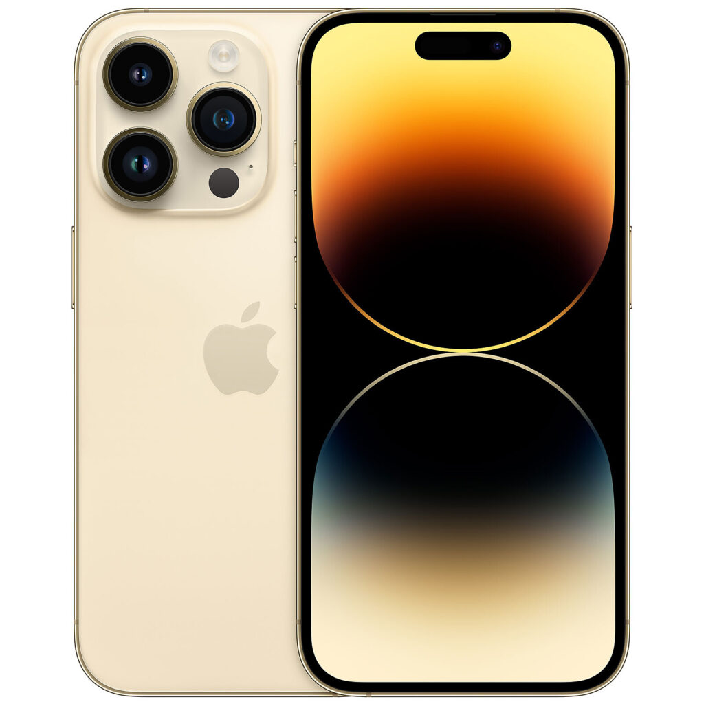 iPhone 14 en couleur or avec écran allumé et trois objectifs photo